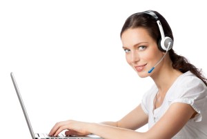 Support phone operator in headset at workplace, isolated